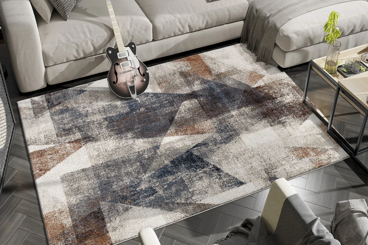 Ein moderner Teppich, gemustert, liegt im Wohnzimmer. - Ein moderner Teppich, gemustert, liegt im Wohnzimmer.